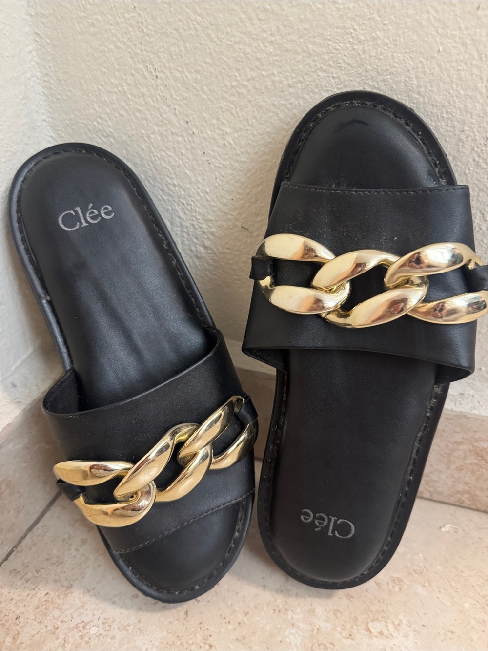 Black Slide Sandals with Gold Chain Detail